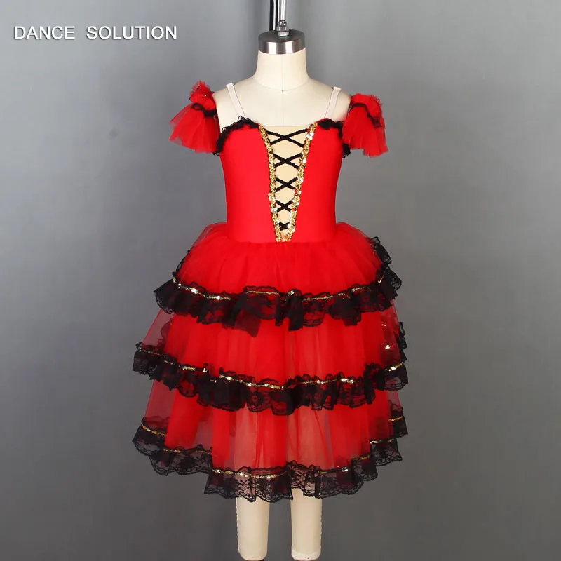 

Child Kids Red Spanish Dress Romantic Ballet Skirt with Black Sequin Lace Trims Ballet Performance Costumes for Girls 19218