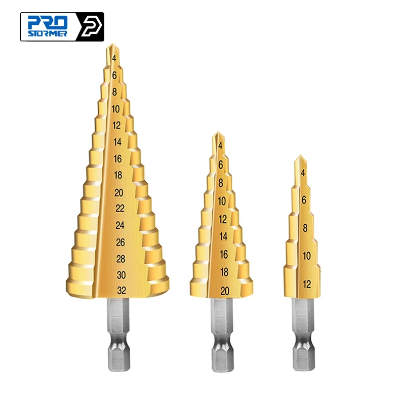 3pcs 4-12/20/32mm Large HSS Steel Step Cone Cut Set Drill Tools Titanium Coated Step Metal High Speed Drill Bit by Prostormer