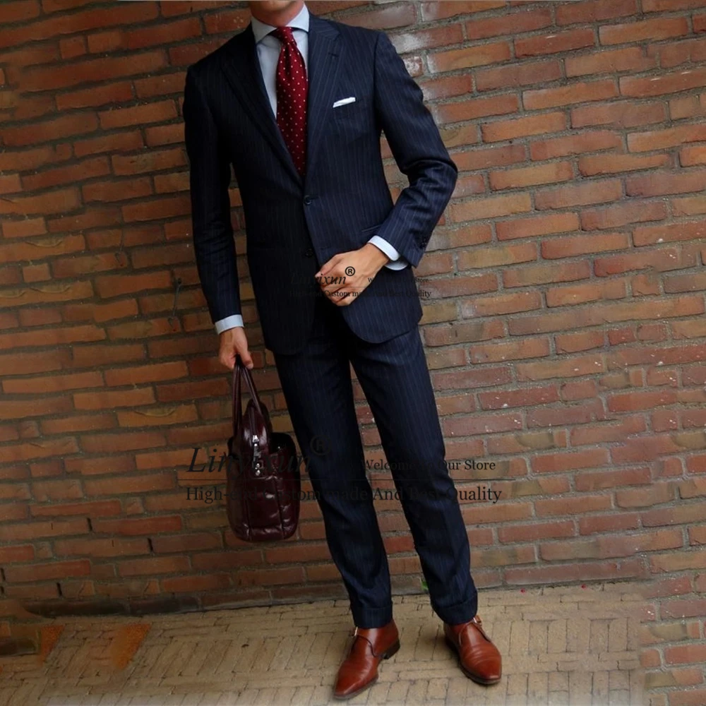 

Navy Blue Striped Mens Suits Slim Fit Business Blazer Notched Lapel Wedding Groom Tuxedo 2 Piece Set Jacket Pants Costume Homme