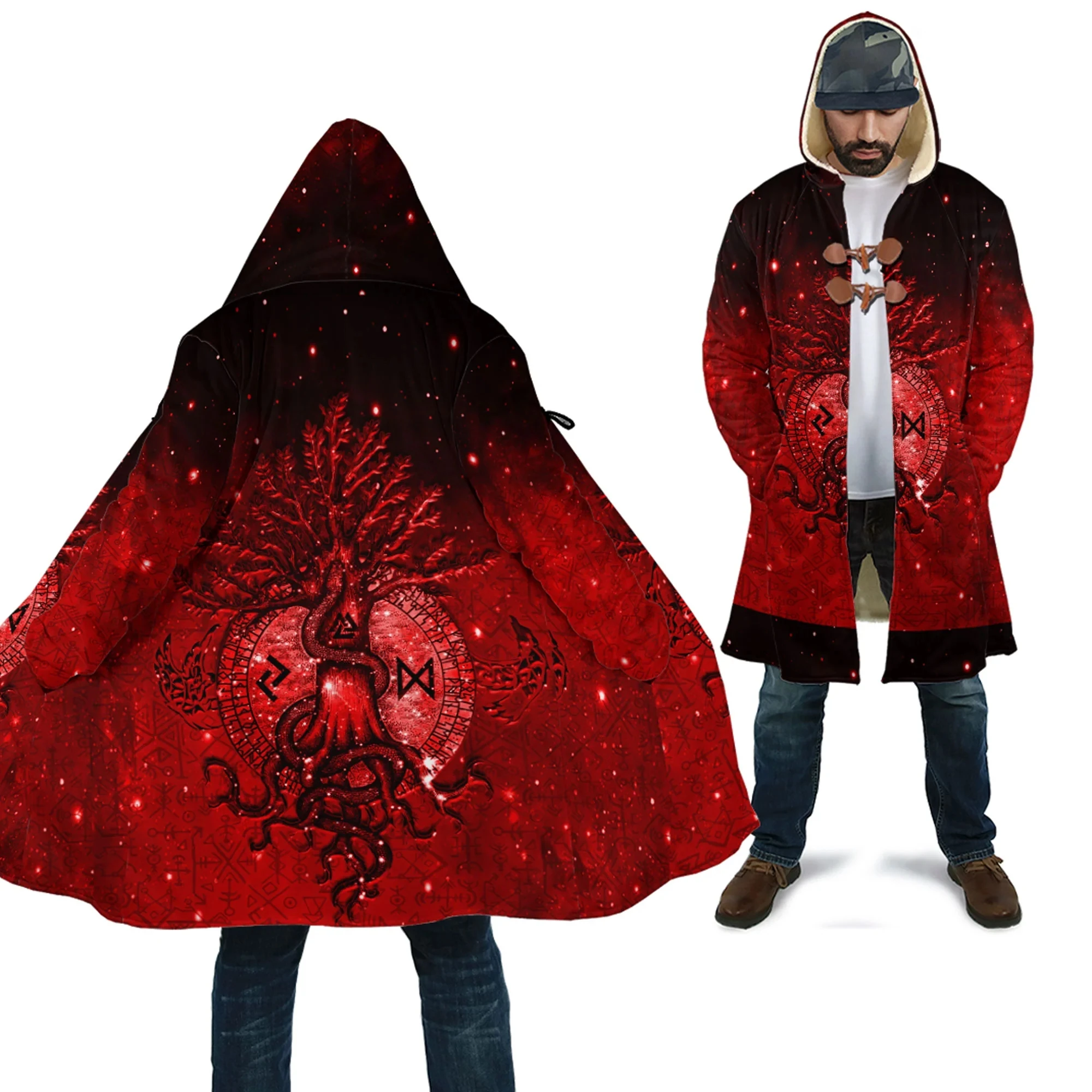 Raven and Vegvisir Vintage Style Tattoo 3D Printed Men's Fleece Hooded Cloak Winter Unisex Casual Thick Warm Cloak Coats PF121