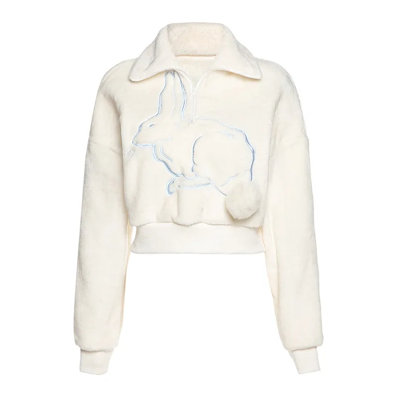 2024 New Woman Apricot Hoodie Fall and Winter New Women's Loose Rabbit Embroidery Pullovers Half Zipper Long Sleeve Sweatshirt