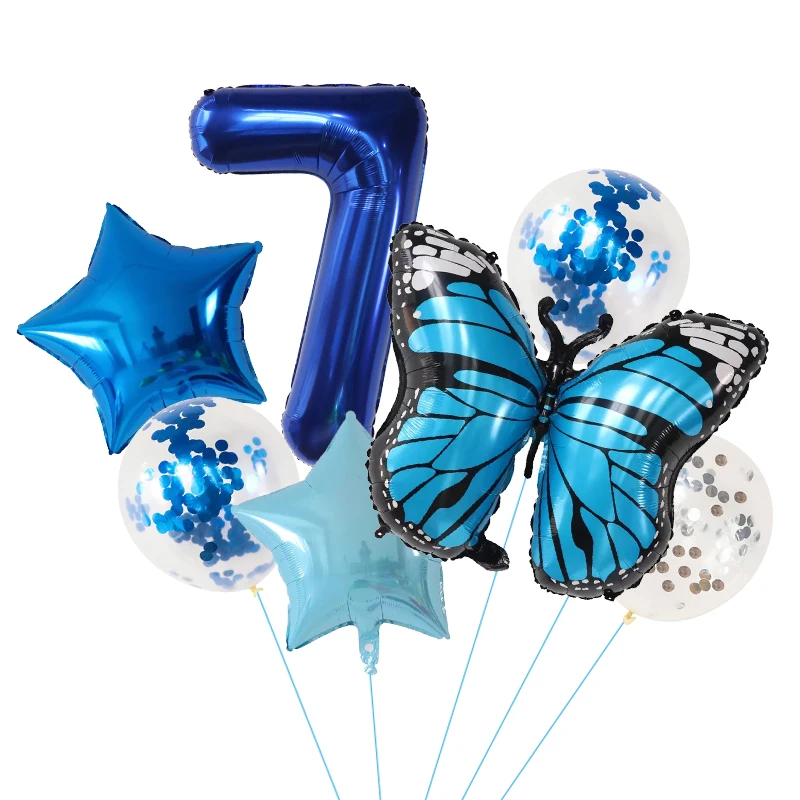 Blue Butterfly Birthday Balloon Set - 7-Piece Party Decoration Kit