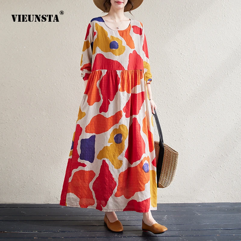 

Retro Ethnic Style Round Neck Long Sleeved Loose Dress Artistic Elegance Printed Temperament Long Dress 2024 New Womens Clothing
