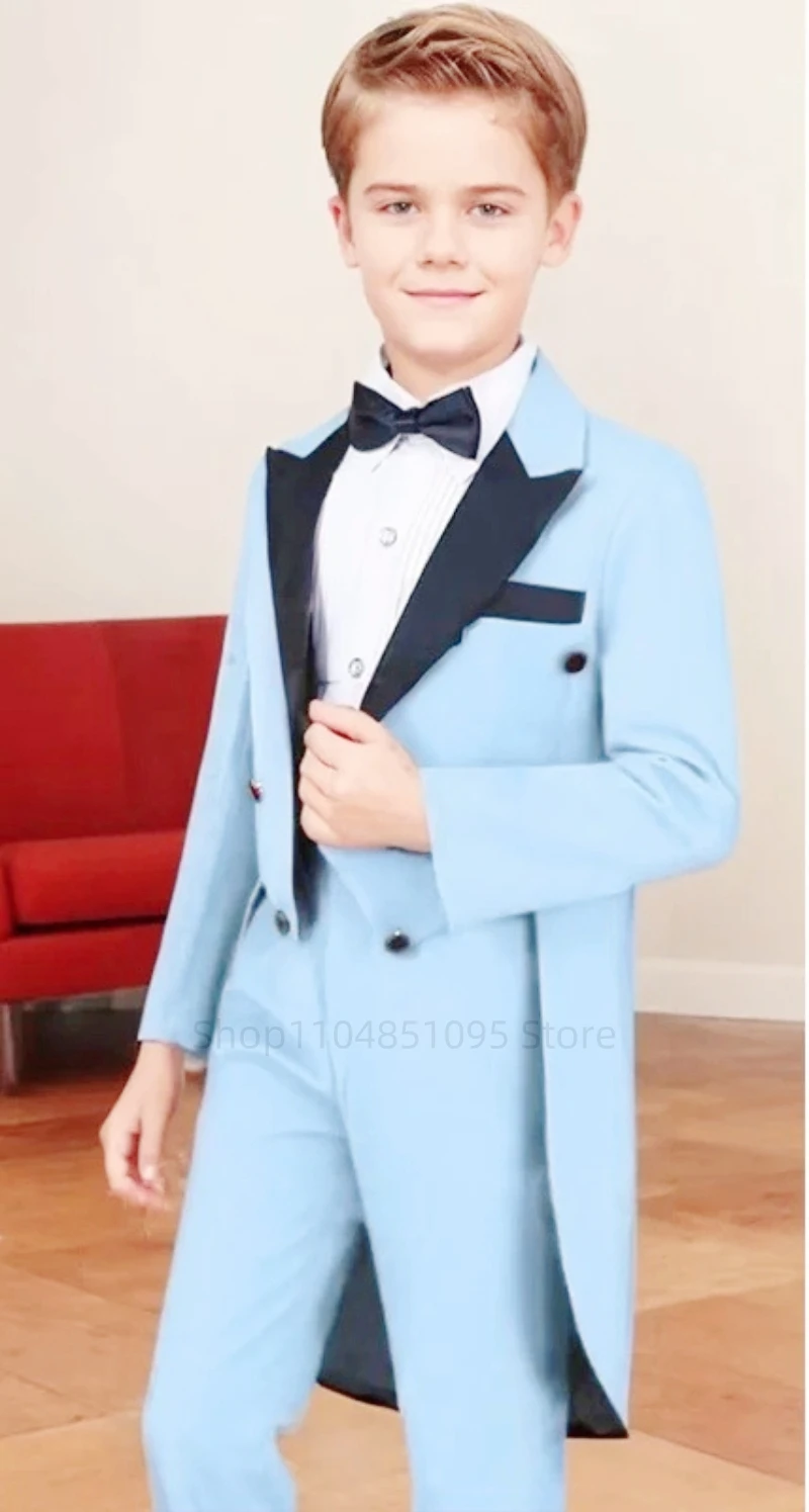 Solid 2 Pieces Boy Tailcoat Suits Children Peak Lapel Long Jacket Pants Sets Flower Boys Formal Party Suit Kids Wedding Tuxedo