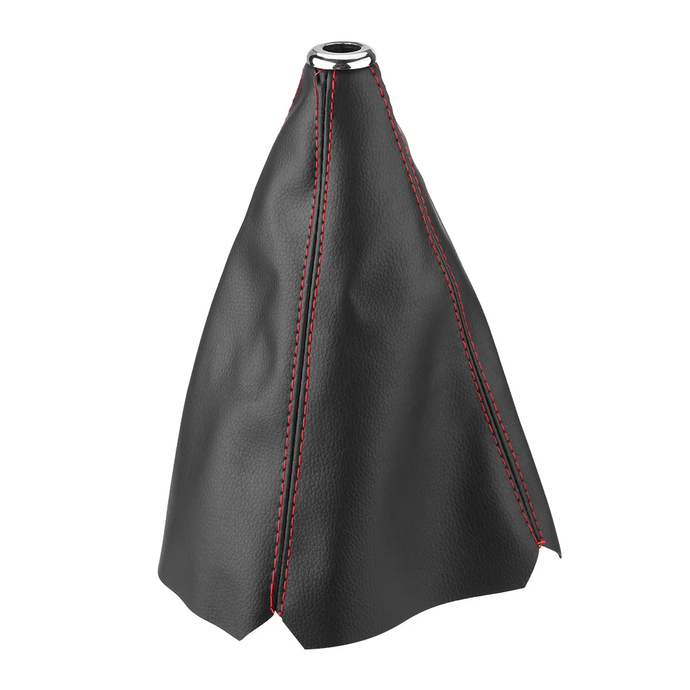 Universal Black PU Leather Gear Knob Cover with Red Stitching