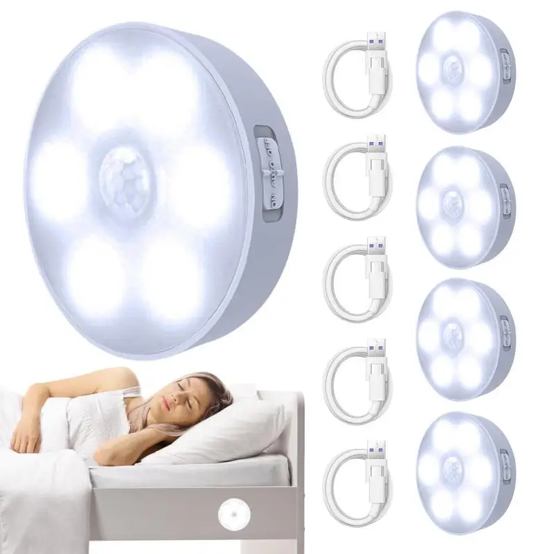 

5 Pcs Rechargeable Wireless Round Motion Sensor LED Night Light Cabinet Night Lamp Bedside Lights For Bedroom Home Closet