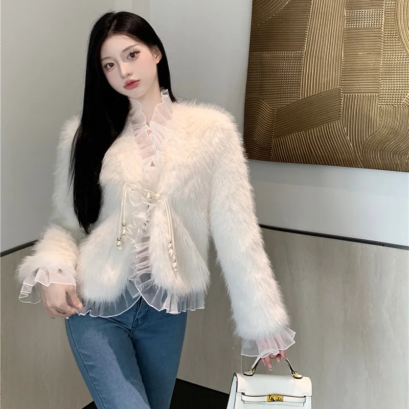 

2023 Autumn Korean Fashion Lamb Wool Coats Luxury Women Streetwear Faux Fur Jackets Female Winter Thick Warm Plush Coat C48