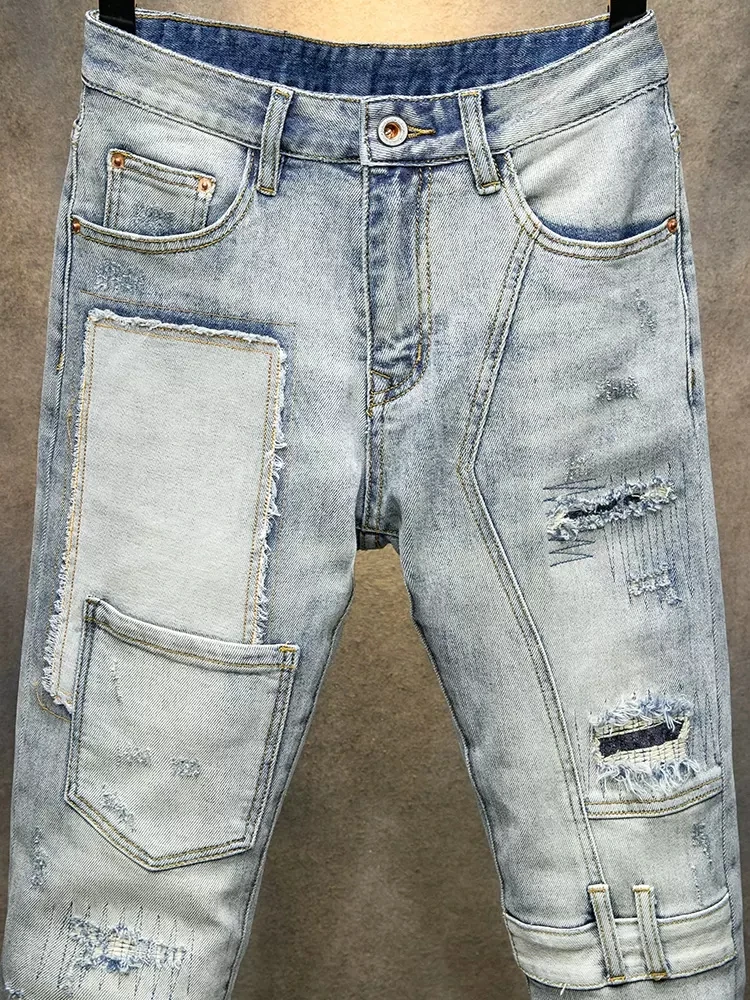 Street Fashion Men Jeans Retro Light Gray Blue Elastic Slim Fit Ripped Jeans Men Spliced Designer Multi Pockets Hip Hop Pants