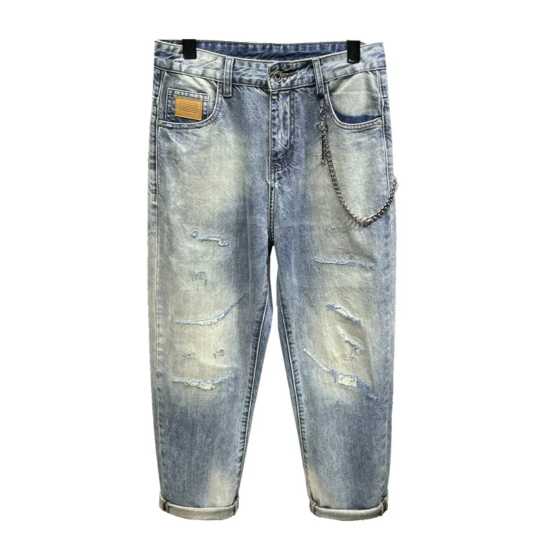 Men's Ripped Jeans with Ornaments Design Summer Breathable Comfort Trend Retro Distressed Trendy All-Match Casual Cropped Pants