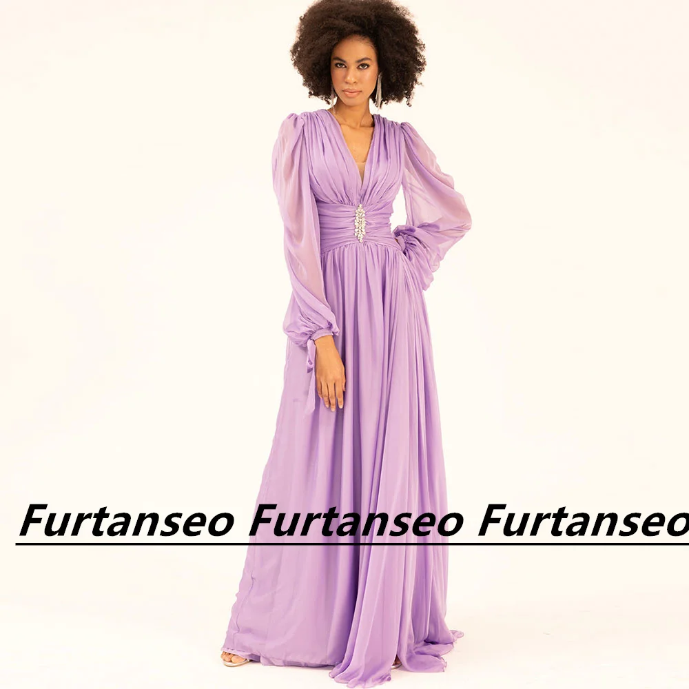 

Chiffon A-Line Evening Dress V-Neck Long Sleeve Pleated Crystal Back Zipper Sweep Train Beautiful Dubai Arab Vestidos De Festa