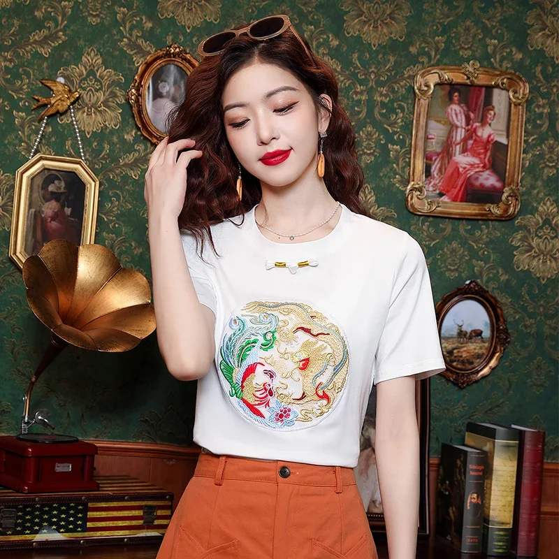 

Cotton Embroidery Women's T-shirt Summer Chinese Style Tees Short Sleeve Loose Women Tops O-necks Clothing 2024 Korean