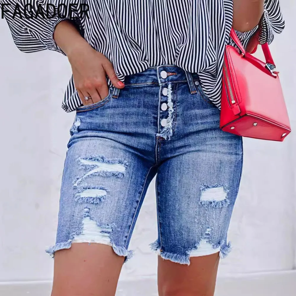 FAGADOER Fashion Streetwear Women High Waisted Button Pocket Hole Denim Skinny Shorts Casual Female Cowboy Biker Shorts Bottoms