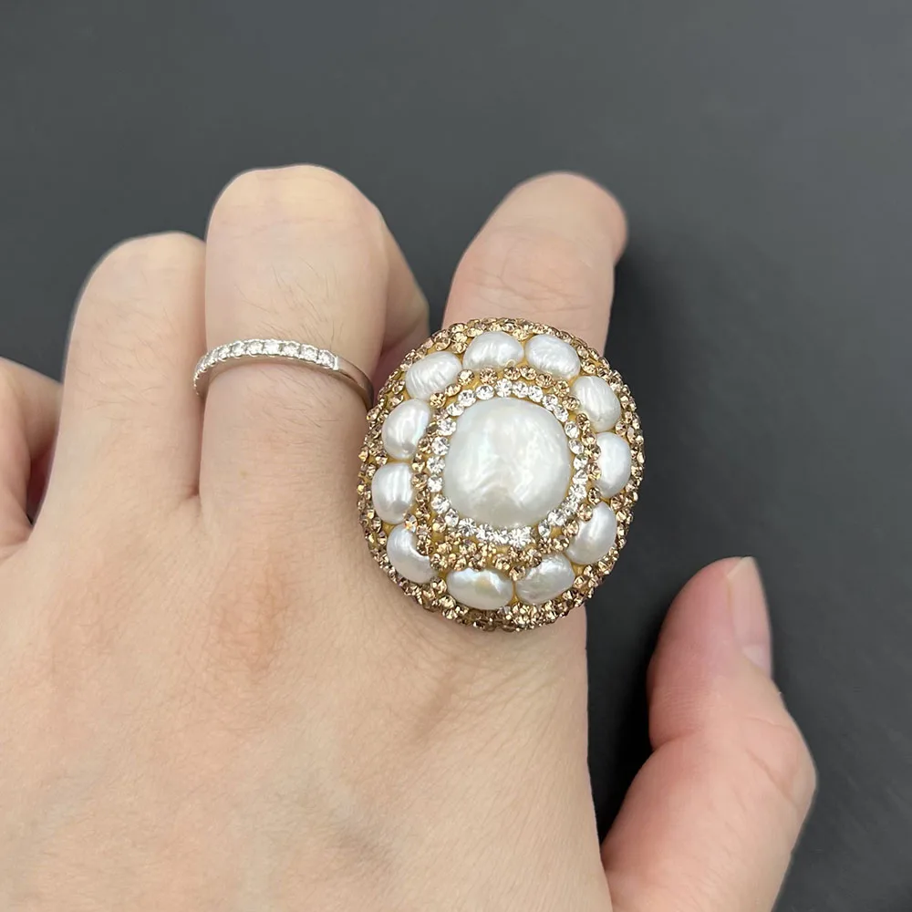 

ZHEN-D Jewelry Natural High Quality Baroque Pearls Copper Round Shape Off-white Finger Ring Gentle Daily Dating Unique Trinkets