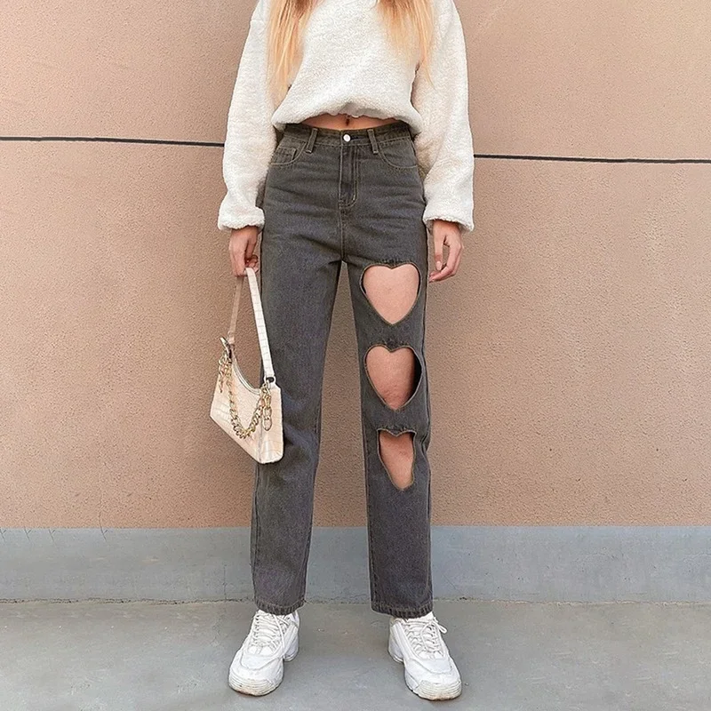 

Women High Waist Denim Summer Pants 2024 Indie Aesthetics Heart Shape Hollow Out Baggy Jeans Y2k Streetwear Trousers 90s Clothes