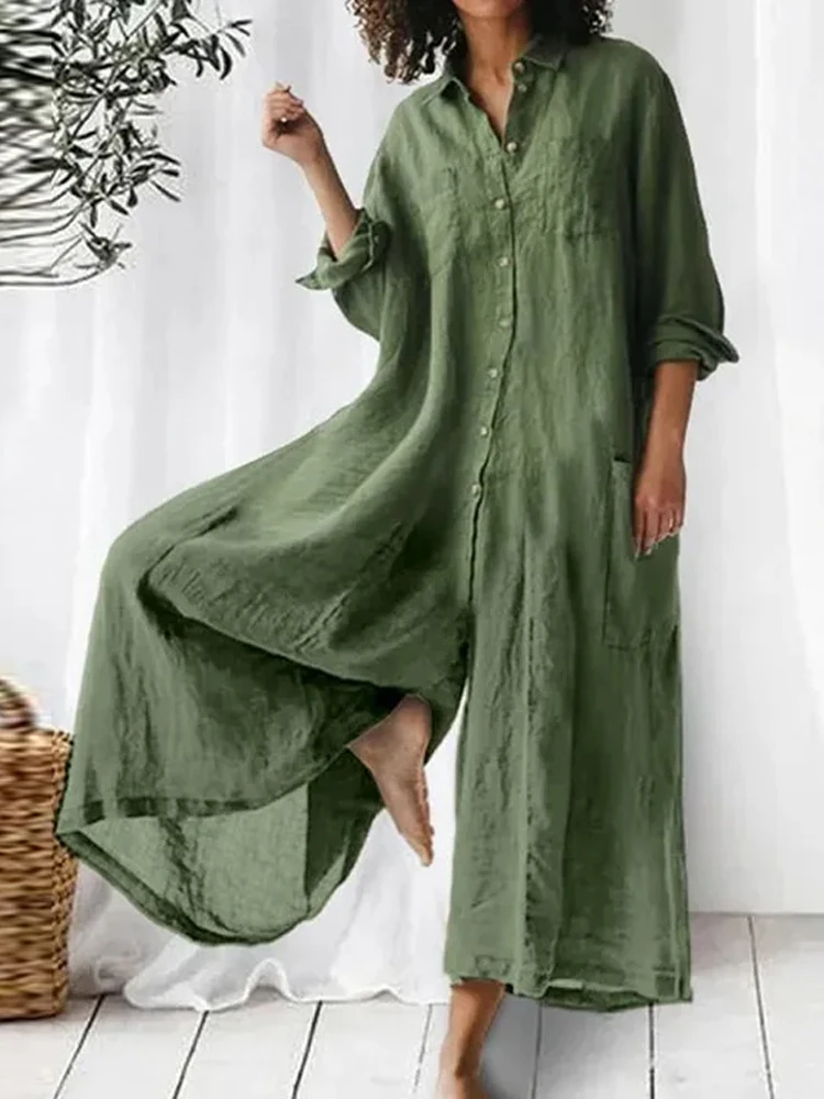 

Casual Cotton Linen Jumpsuit 2023 Spring and Autumn 3/4 Sleeve Solid Color Jumpsuit Office Women Wide Leg Loose Shirt Jumpsuit