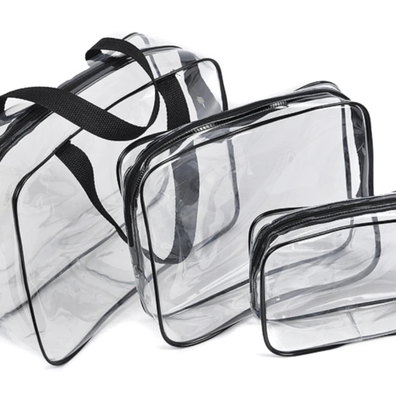 Transparent travel toiletry bag Multi-functional waterproof organiser black PVC handheld three-size environmental protection bag travel toiletry bag