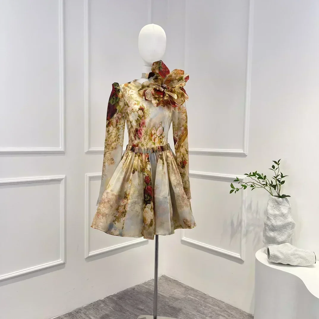 

Silk Elegant 2023 New High Quality Vintage Floral Print Three-dimensional Flower Decoration Waist Woman Mini Dress for Holiday