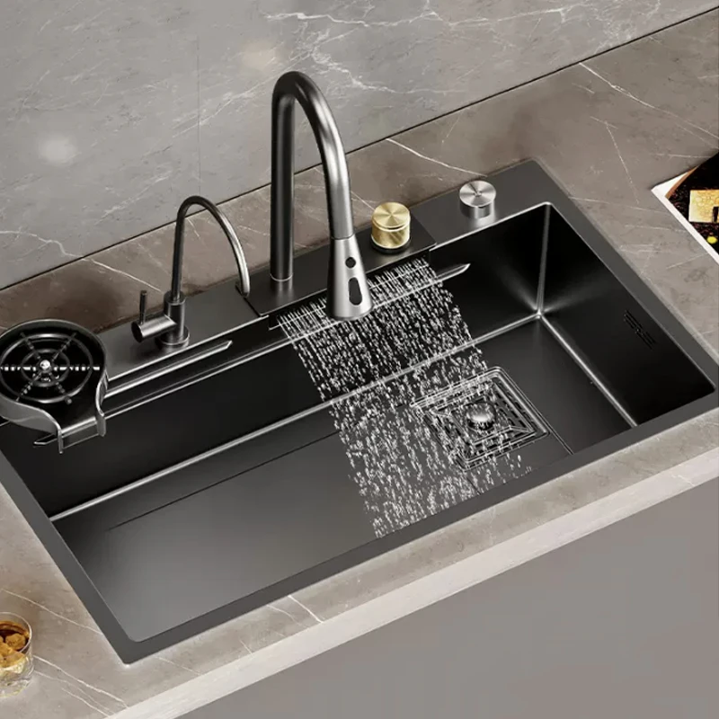 

304 Stainless Steel Black Raindance Waterfall Kitchen Sink Large Single Bowl Wash Basin Sink Undercounter Topmount Faucet Drain