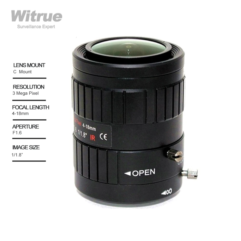 

Witrue HD 3 Mega pixel Varifocal CCTV Lens 4-18mm Varifocal C Mount 1/1.8 inch F1.6 Low Distortion for Security Cameras