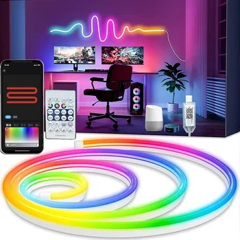 5V USB RGBIC Neon LED Strip,1/2/3/4/5M IP65 RGBIC Neon lamp tape with Bluetooth App and Remote For DIY Neon Deocoration Lighting 1