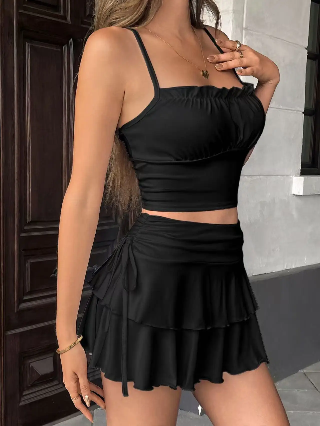 Drawstring And Fold Detail Solid Color Cake Skirt, Spring/Summer, Party Skirt, Beach Skirt, Summer Vacation Outfits - Image 5