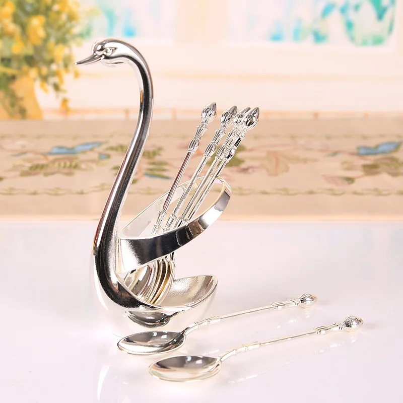 כפית קפה בסגנון אירופאי רטרו, כפית תה קינוח, ערכת מזלג פירות פלדה חלודה גבוהה, אחסון בסיס ברבור יצירתי