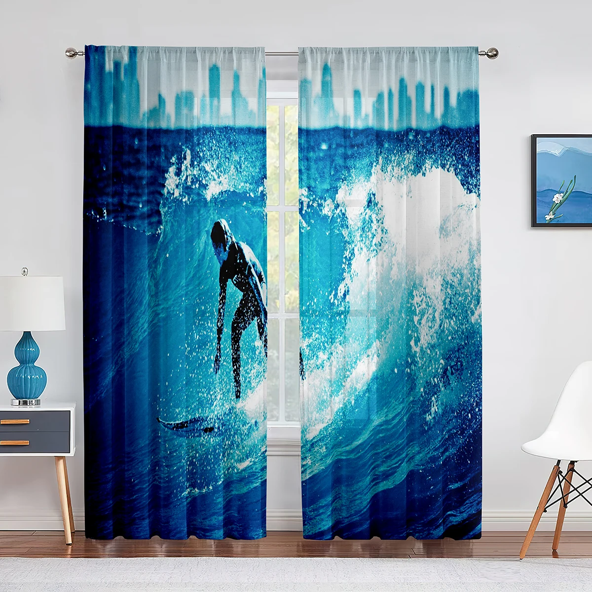 

Ocean Wave Adventure Surfing Extreme Sports Tulle Curtains for Living Room Bedroom Decoration Sheer Voile Window Curtains Drapes