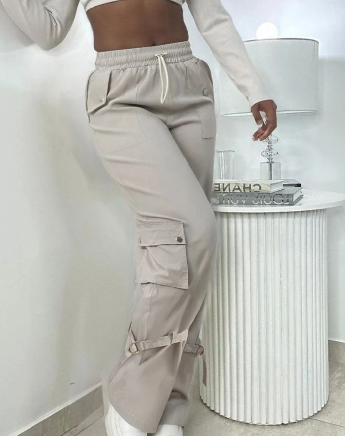 Women's Pants 2024 Spring Fashion Snap Button Buckled Drawstring High Waist Casual Plain Pocket Design Daily Long Cargo Pants