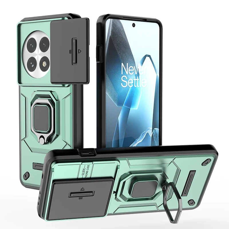 Slide Lens Protect Armor Phone Case with Car Magnetic Ring Holder and Back Cover