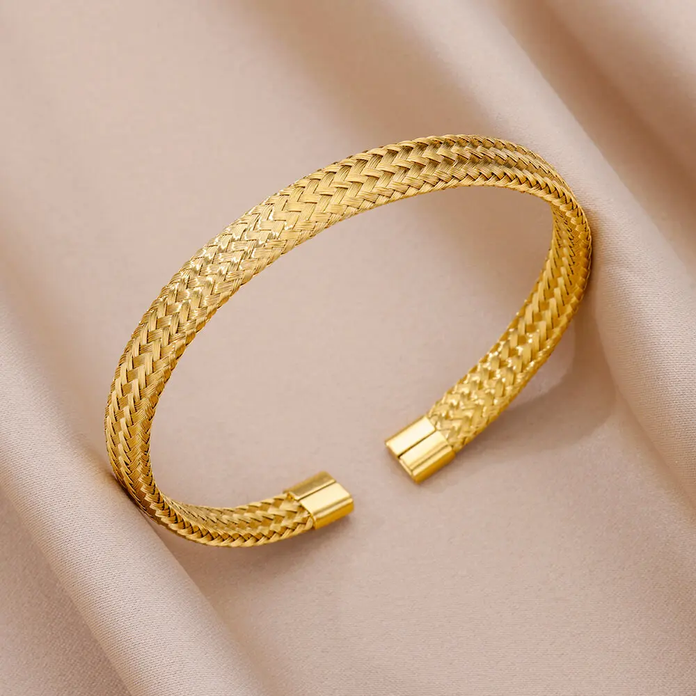 Fashion Round Rope Weave Bangle for Women Men Open Gold