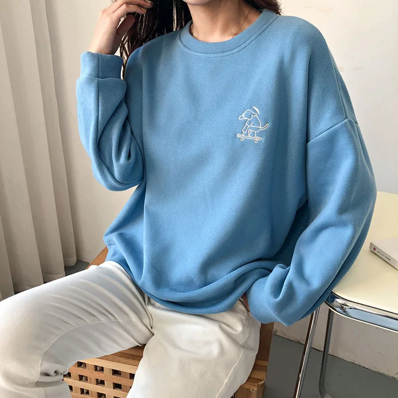 2022 Spring Autumn Sweatshirt Women New Fashion Fleece Thickened Sweatshirt Kpop Dog Embroidery Loose Large Size Clothes