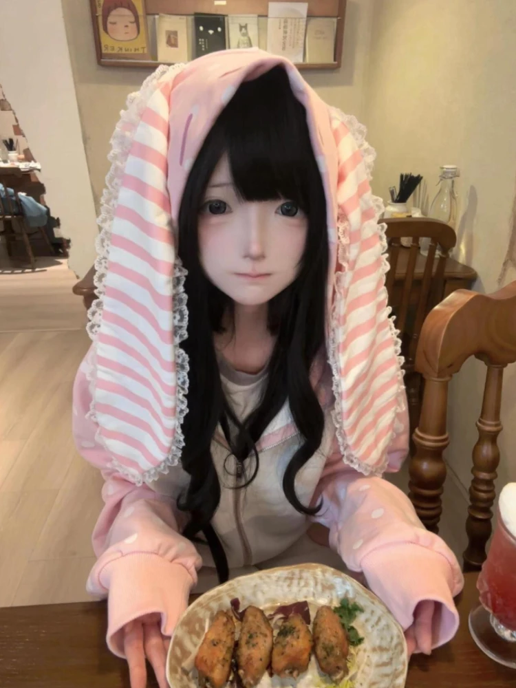 Japanese Kawaii Rabbit's Ears Hoodies Loose Polka Dot Patchwork Women Grunge Hoody Y2k Aesthetic Fairy Strawberry Sweatshirt 3