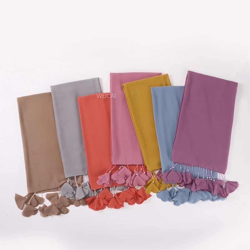 5PCS Wholesale Muslim Womens Hijabs Fashion Elegance Chiffon Shawl Gorgeous Tassel Headscarf Islamic Costume Festival Scarf 678