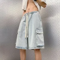 Men's Casual Straight Leg Jeans Shorts Thin Elastic Waist Loose Fit Five-Quarter Length Workwear Style Summer Fashion