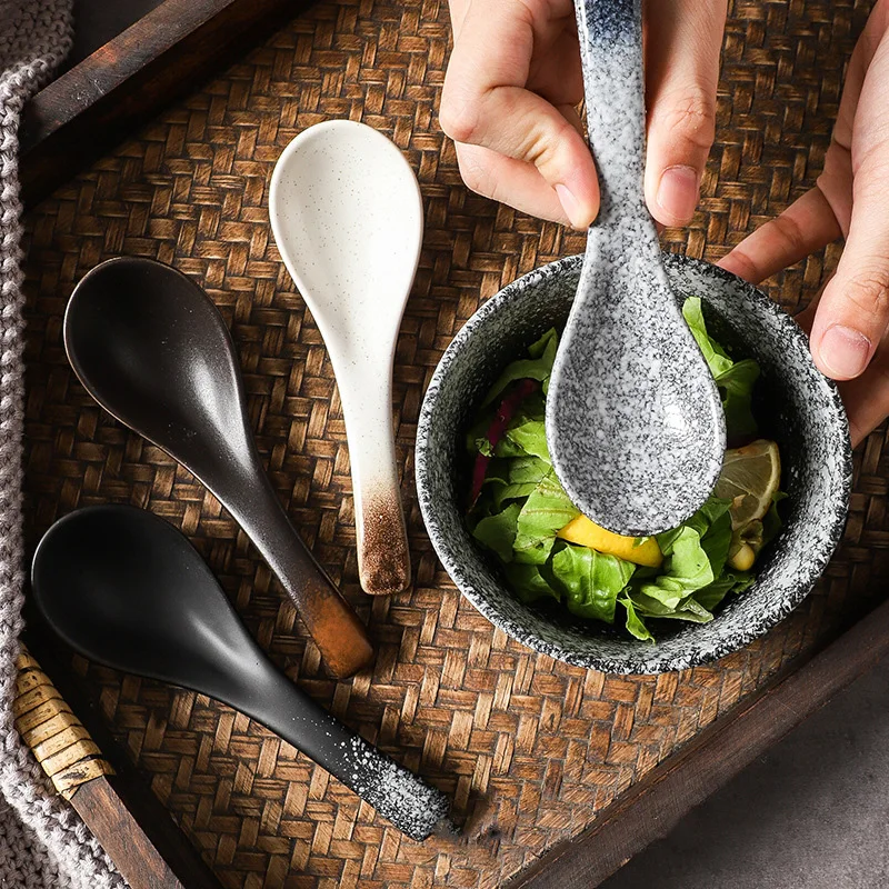 13cm Japanese Retro Ceramic Soup Spoon Eating Spoon Kitchen Utensils Teaspoon Tableware Kitchen Cooking Utensils Tools