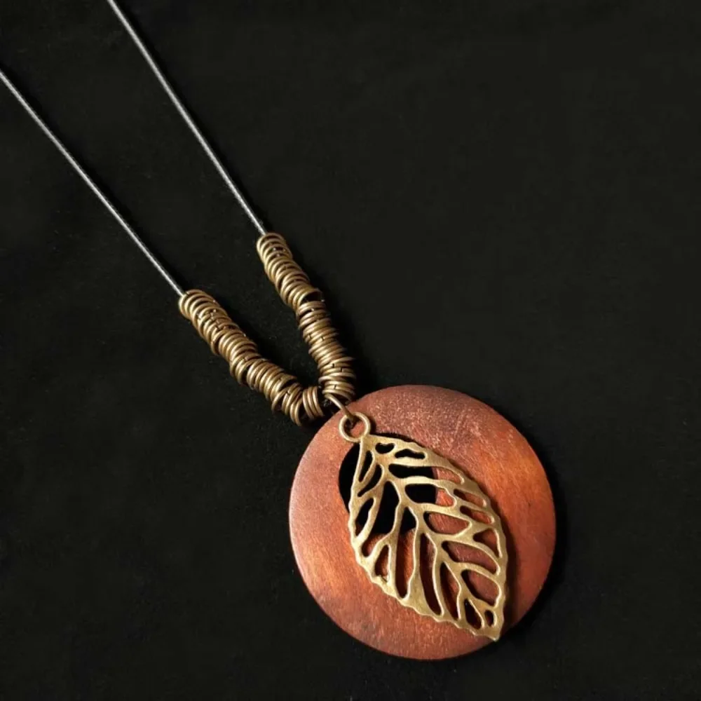 Vintage Wooden Owl Pendant Necklace - Ethnic Long Chain Jewelry