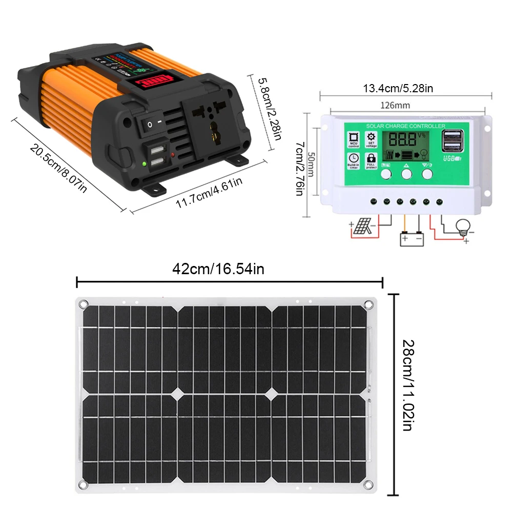 4000W 12V에서 110V/220V로 변환하는 태양광 인버터, 50A 충전 컨트롤러 및 25W 패널 태양광 패널 시스템 태양광 발전기 (RV 캠핑카용)
