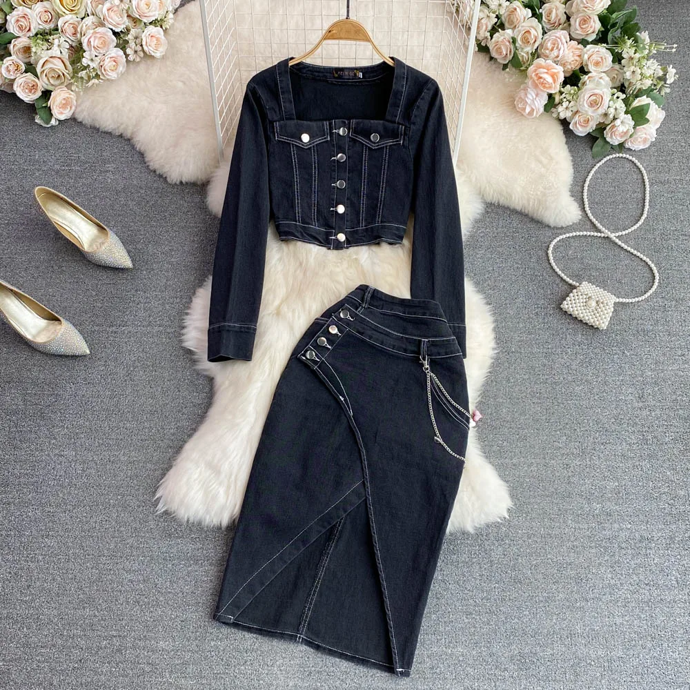 

Square Neck Bubble Long Sleeve Single Breasted Shirt High Waist Irregular Skirt Denim Fashion Suit