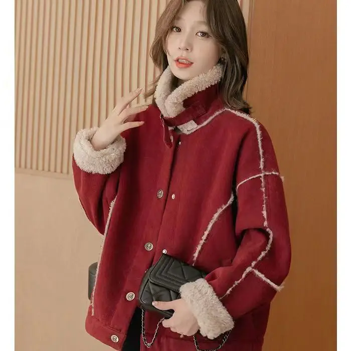 

Winter Jacket Women Red Faux Fur Jacket Women Fashion with Pocket Long Sleeves Lamb Wool Warm Coats Ladies Korean Short Outwear