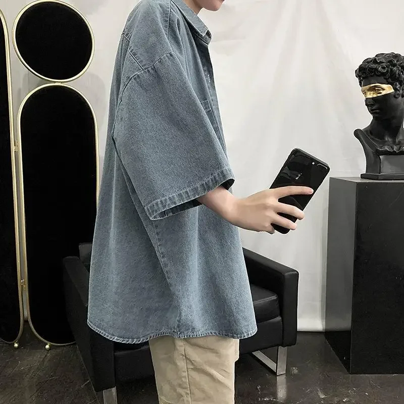 Summer Men's Loose Short Sleeve Denim Shirt Stylish Korean Style Casual Workwear Trendy Top Brand Fashionable Outerwear