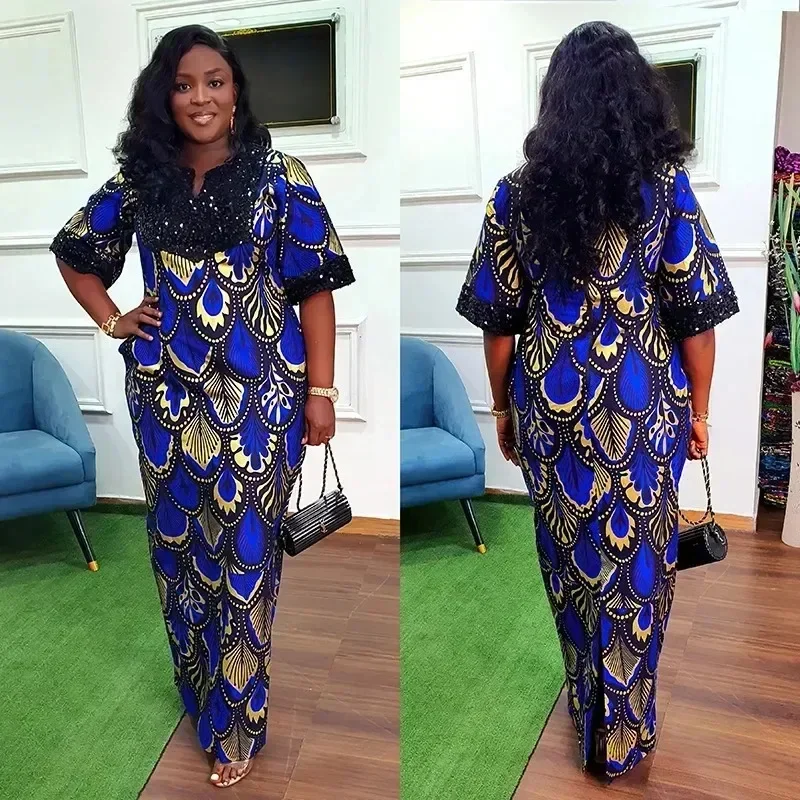 

2023 African Luxury Dresses Wedding Party Women short sleeve sequin Long Robe Evening Dress Dashiki Ankara Africa Lady Clothing