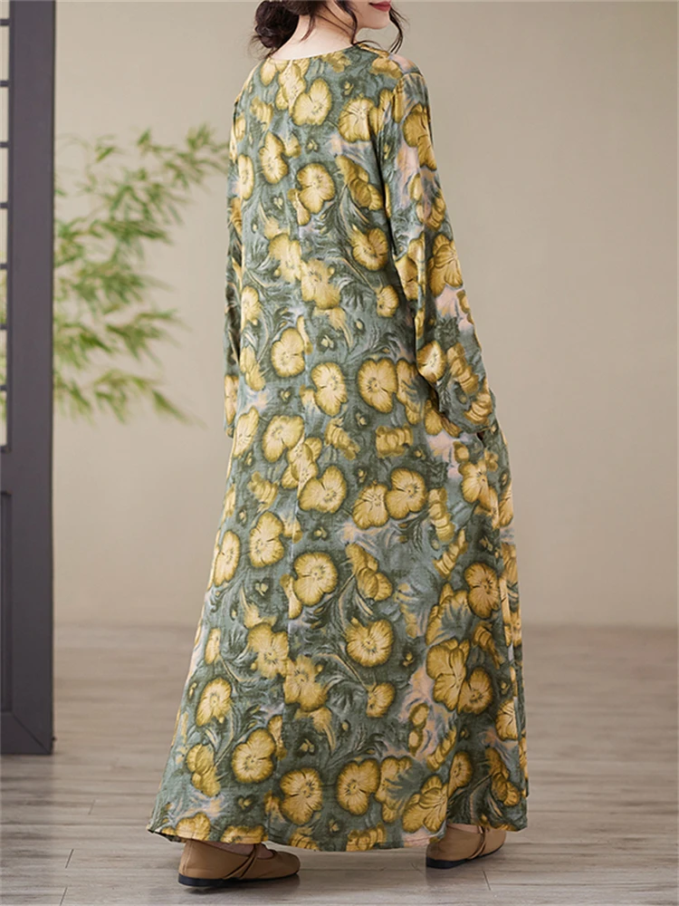 2025 Spring Autumn Cotton Vintage Print Long Sleeve Dresses For Women Casual Loose Dress Femme Robe Vestidos Fashion Clothing