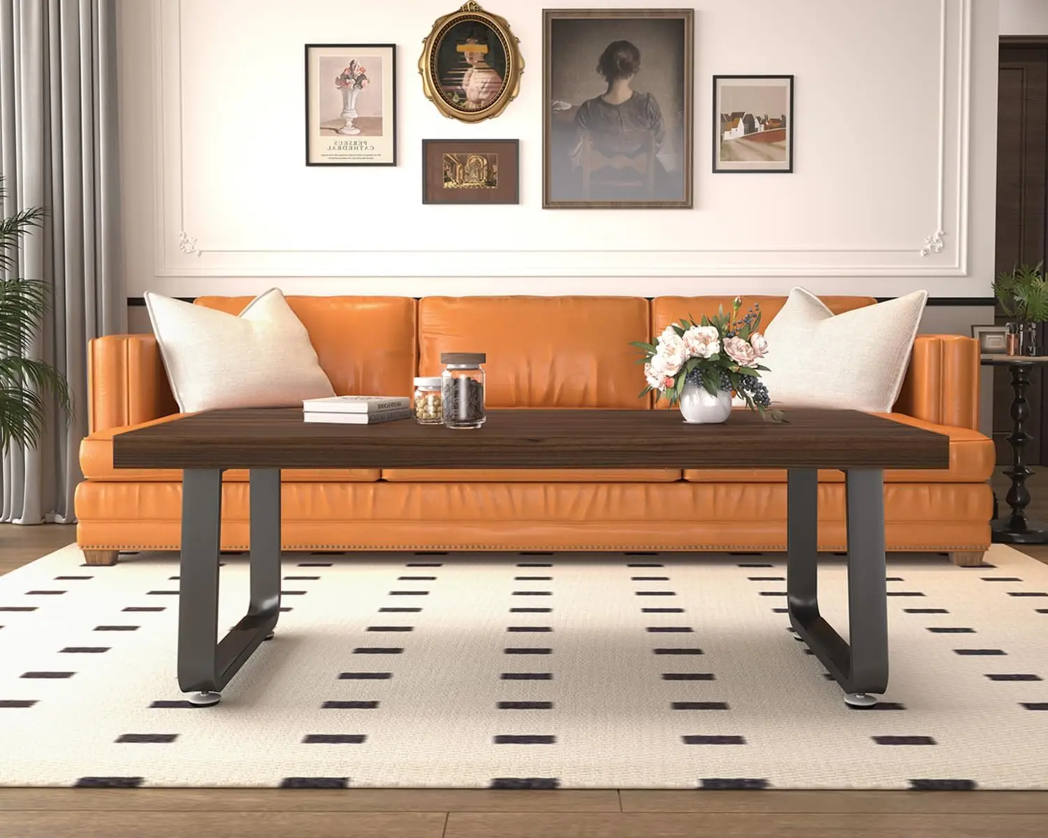 Rustic Walnut Coffee Table, Modern Center Table, Rectangle Industrial Living Room Coffee Table, Simple Farmhouse , Walnut, 47 in