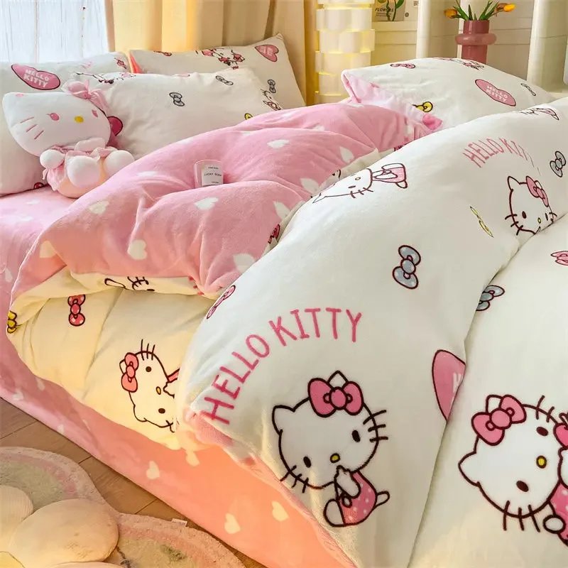 

Sanrio Cute Hello Kitty Cinnamoroll Kuromi Cartoon Plush Four-piece Set Girly Heart Fashion Simple Home Dormitory Bedding Gift