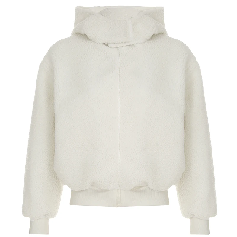 Turtleneck Buckled Hooded Coat Faux Lamb Wool Thick Warm Fashion White Zipper Jacket Women Streetwear Outfits Winter