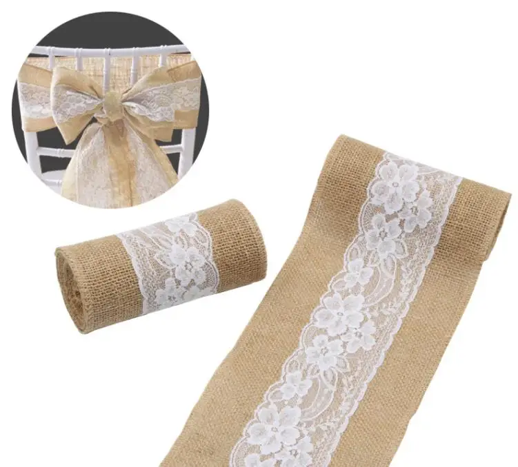 240cm* 15cm Burlap Hessian Ribbon With Lace Sashes Jute Chair Tie Bow
