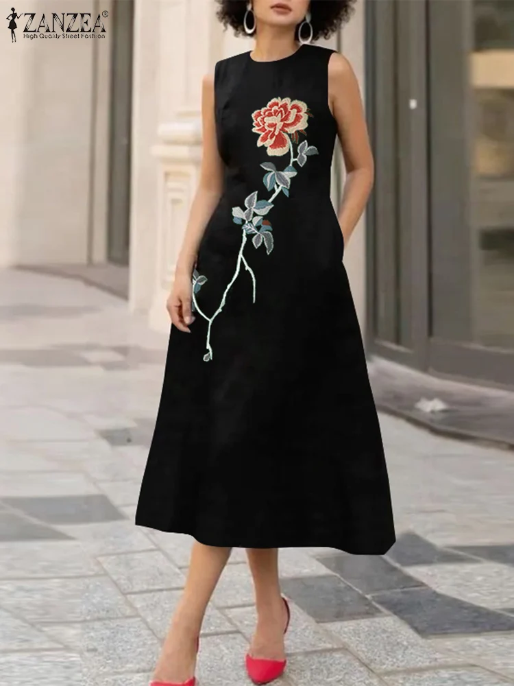 

ZANZEA Elegant Embroidery Floral Sundress Women Party Sleeveless Fashion Midi Vestido A-line 2024 Summer Solid O Neck Tank Dress