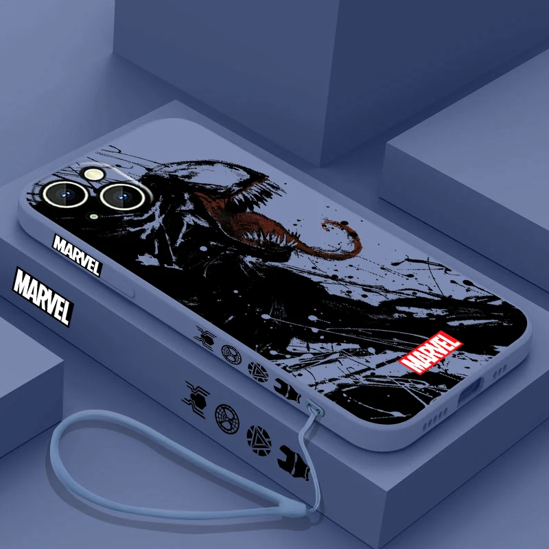 Funda de teléfono de superhéroe Marvel Venom Cool para Apple iPhone 15 14 13 12 11 Pro Max Plus 8 7 SE Liquid Left Rope Capa Cover