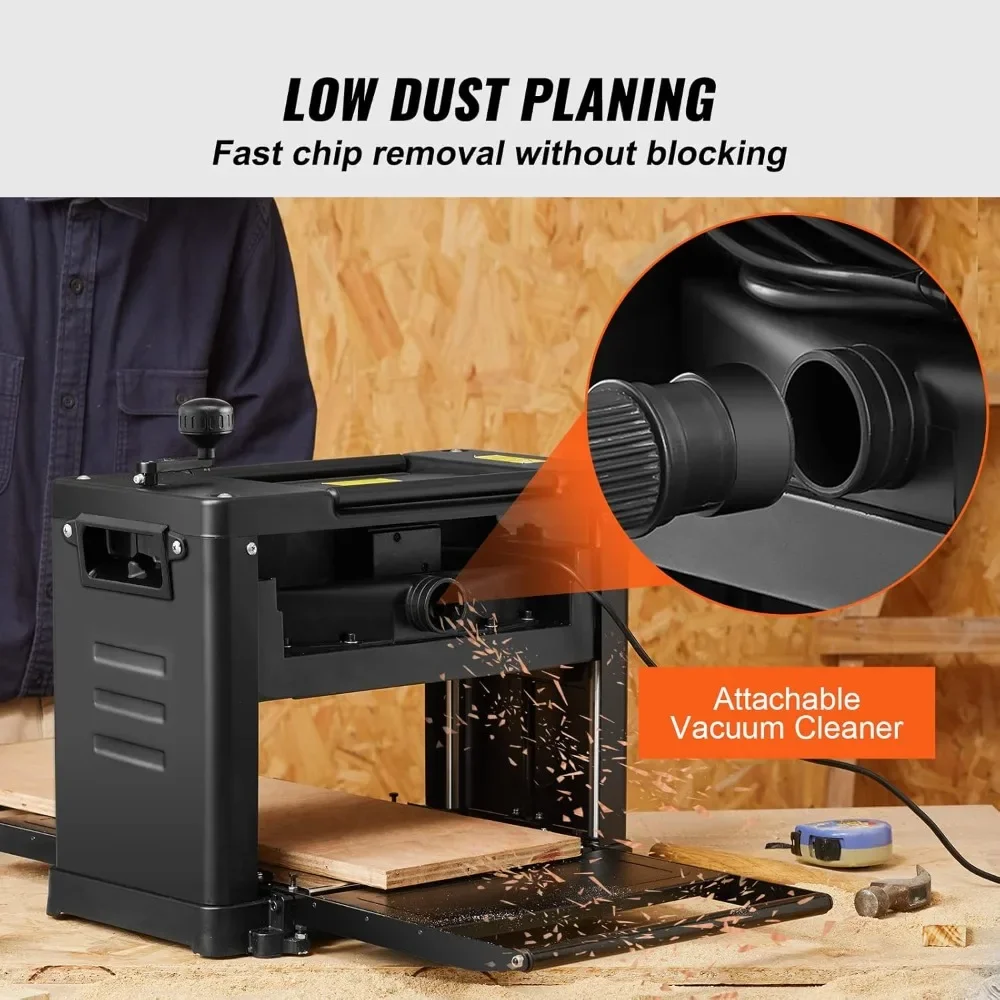 thickness planer, two-blade, 13" width worktable benchtop planer, 15-amp 1800w powerful motor, 12" extended infeeding table, lo