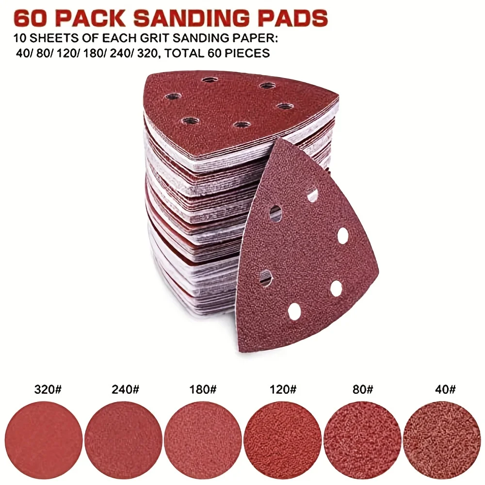 60pcs Triangle Sanding Pads 6 Holes 40/80/120/180/240/320 Grits Sander Sandpaper Assorted Pad